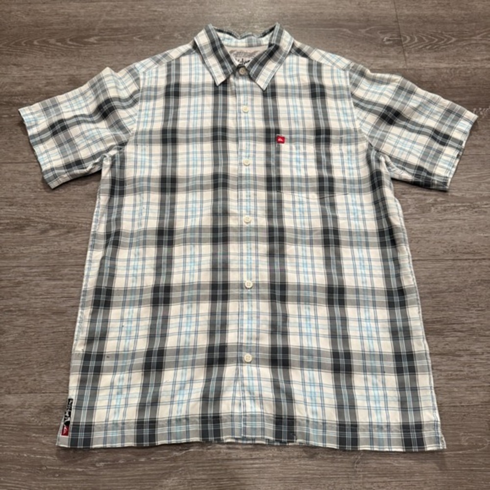 Quiksilver Shirt Boys XL Blue Plaid Short Sleeve‎ Casual Button Up Skate Surf